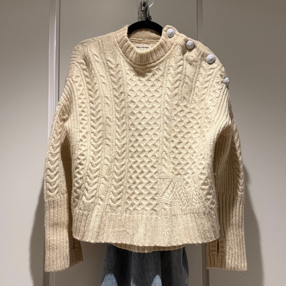Zadig & Voltaire Malta Button Shoulder Cable Knit Cashmere Sweater (Ecru, Medium - Picture 7 of 10